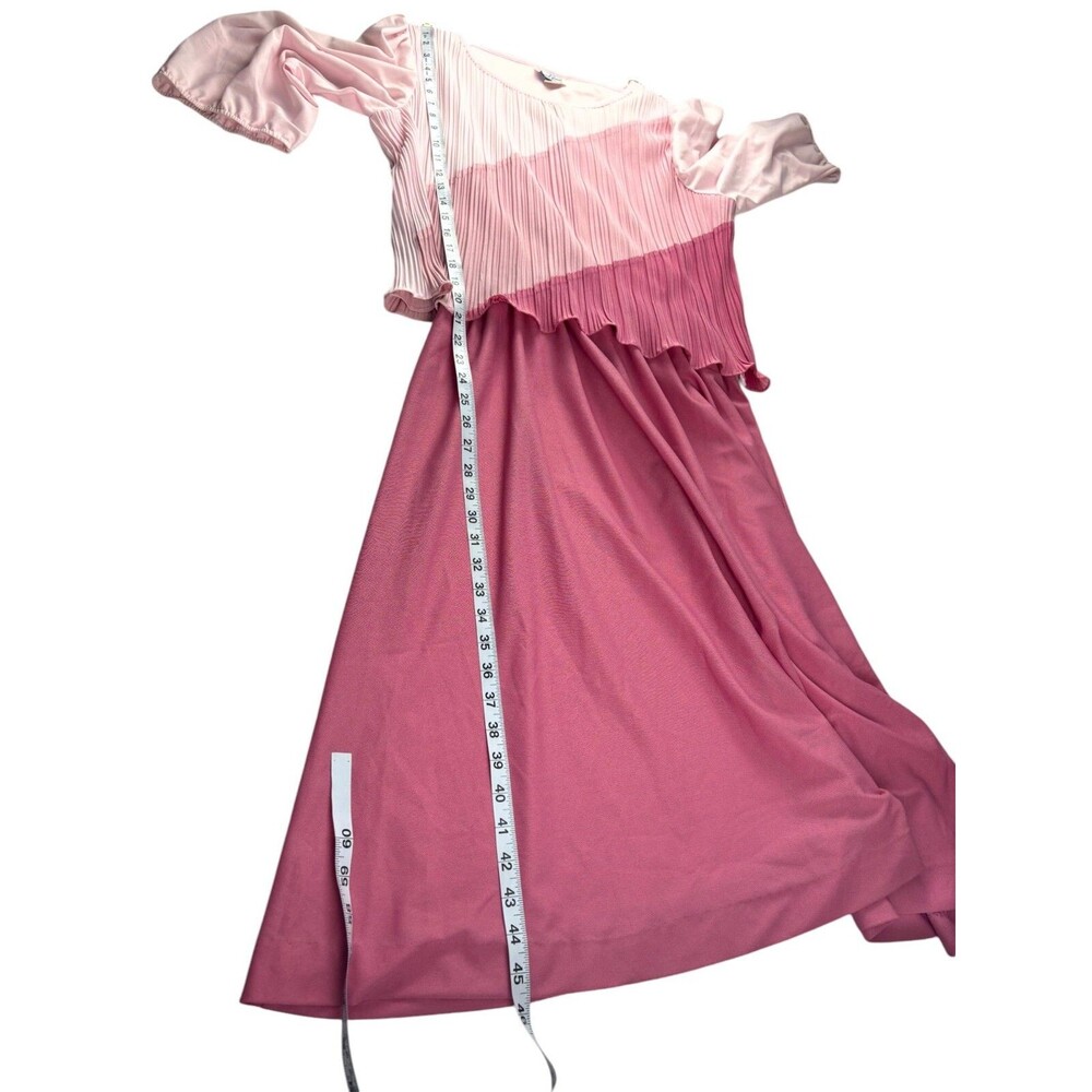 Vintage Good Times Pink Colorblock Midi Dress Long Sleeve Pleated Size 15/16 - Picture 9 of 10